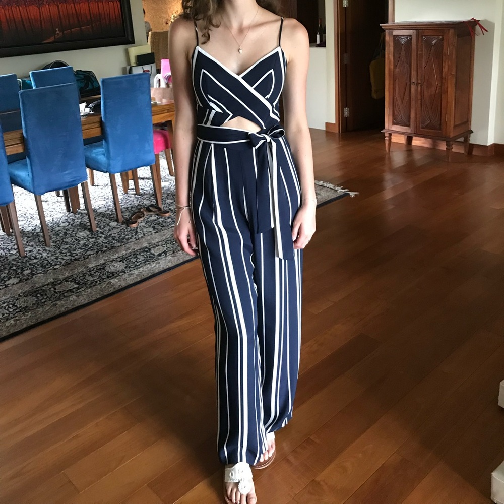 Blue and white striped jumpsuit